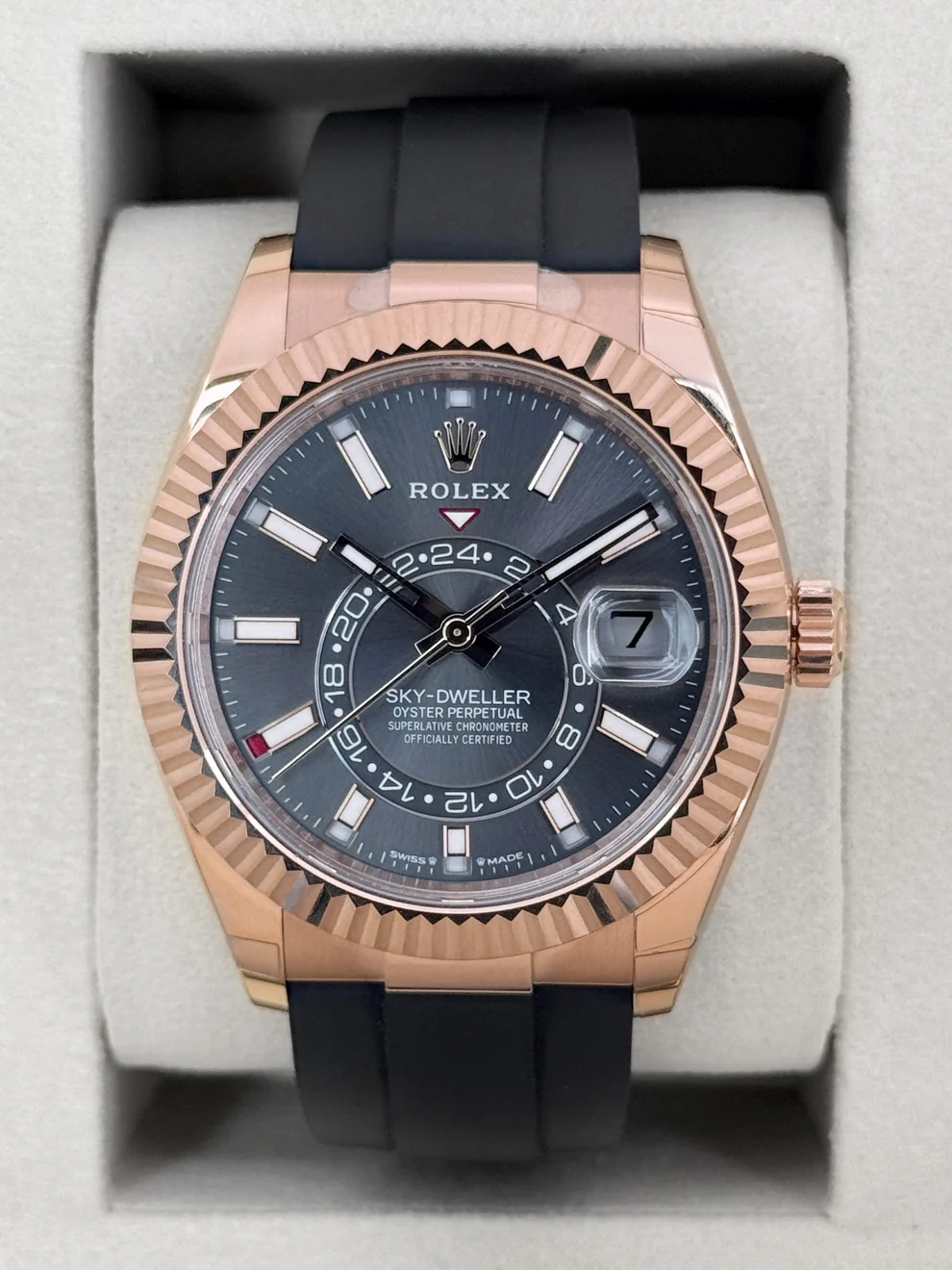 Buy a new 2026 Rolex Sky-Dweller 336235 in Everose gold, rhodium dial, Oysterflex. Factory stickered, full set, in stock. Authenticated. Ships USA.